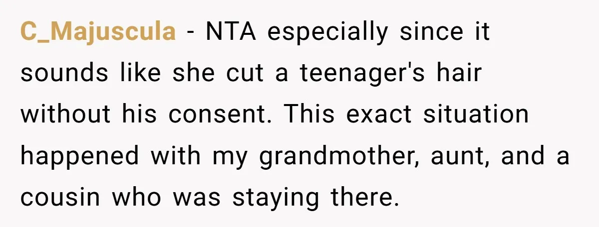 C_Majuscula - NTA especially since it sounds like she cut a teenager's hair without his consent. This exact situation happened with my grandmother, aunt, and a cousin who was staying...