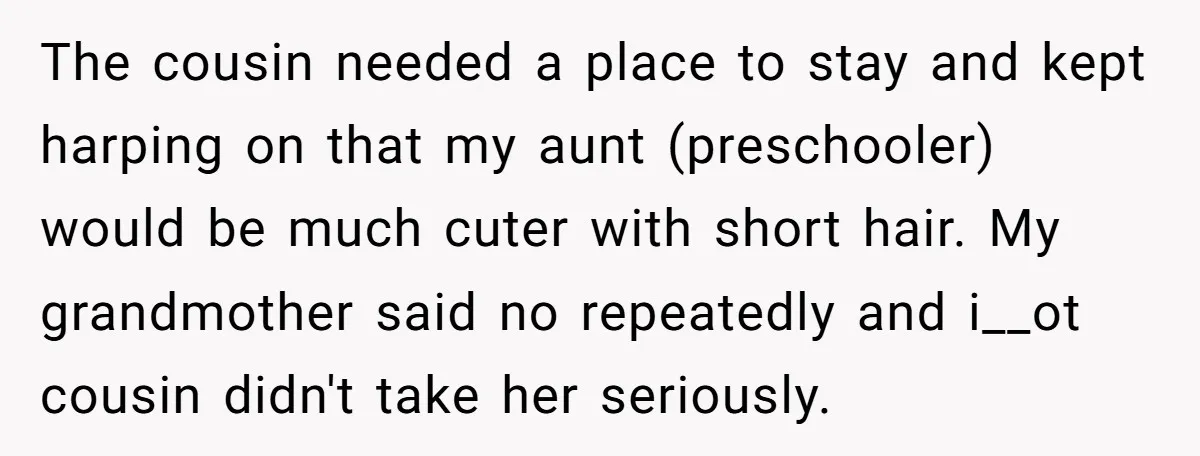 The cousin needed a place to stay and kept harping on that my aunt (preschooler) would be much cuter with short hair. My grandmother said no repeatedly and i__ot cousin...
