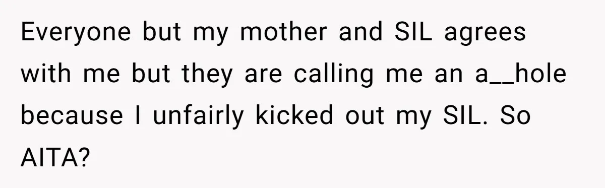 Everyone but my mother and SIL agrees with me but they are calling me an a__hole because I unfairly kicked out my SIL. So AITA?