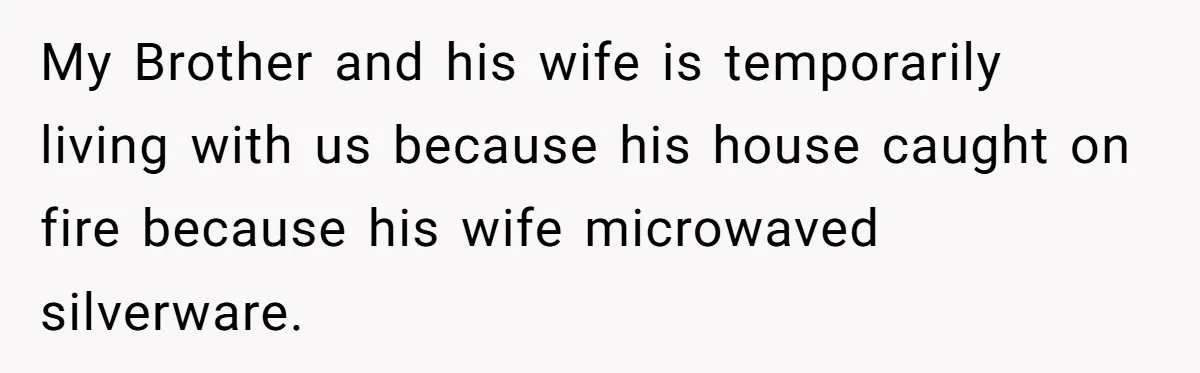 My Brother and his wife is temporarily living with us because his house caught on fire because his wife microwaved silverware.