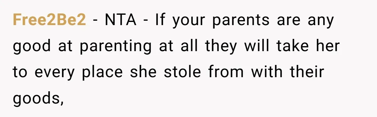 Free2Be2 − NTA - If your parents are any good at parenting at all they will take her to every place she stole from with their goods,