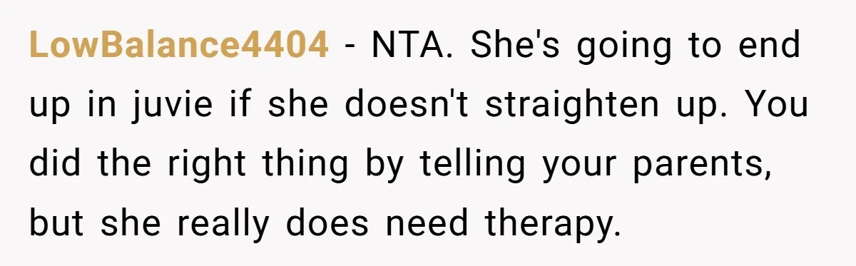 LowBalance4404 − NTA. She's going to end up in juvie if she doesn't straighten up. You did the right thing by telling your parents, but she really does need therapy.