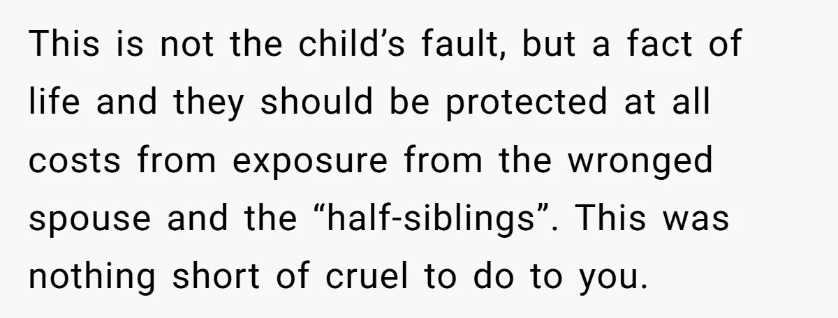 This is not the child’s fault, but a fact of life and they should be protected at all costs from exposure from the wronged spouse and the “half-siblings”. This was...