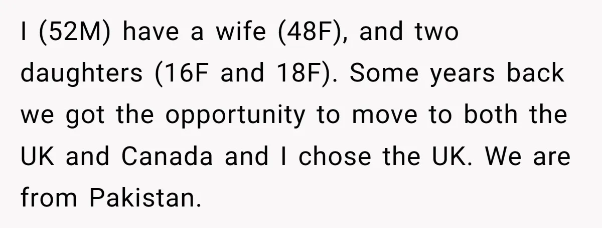 I (52M) have a wife (48F), and two daughters (16F and 18F). Some years back we got the opportunity to move to both the UK and Canada and I chose...