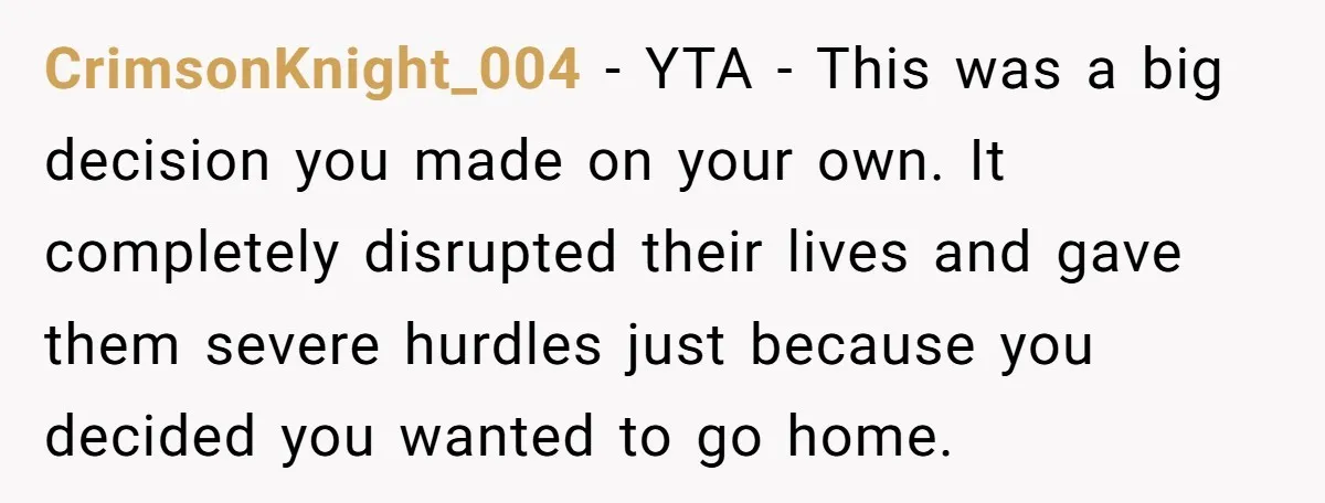 CrimsonKnight_004 − YTA - This was a big decision you made on your own. It completely disrupted their lives and gave them severe hurdles just because you decided you wanted...