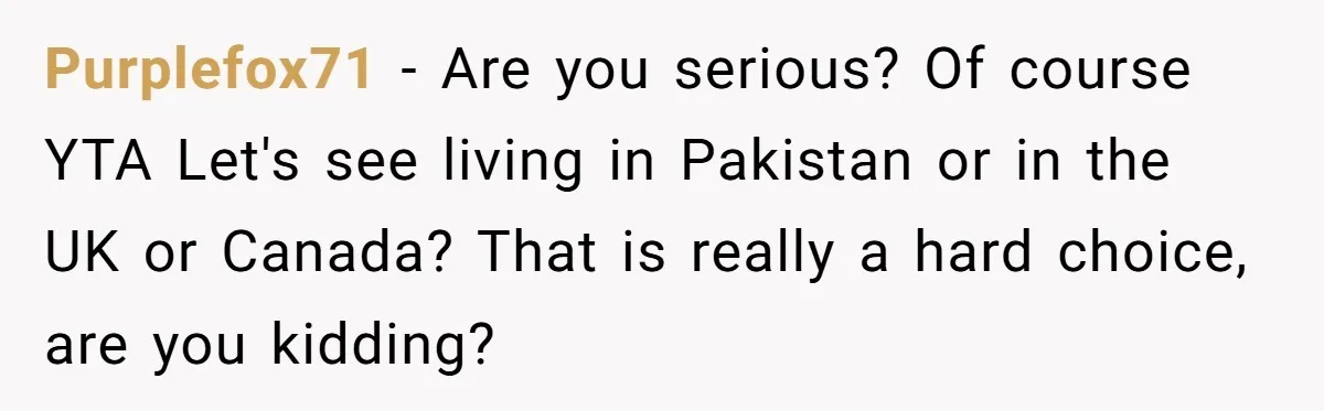 Purplefox71 − Are you serious? Of course YTA Let's see living in Pakistan or in the UK or Canada? That is really a hard choice, are you kidding?