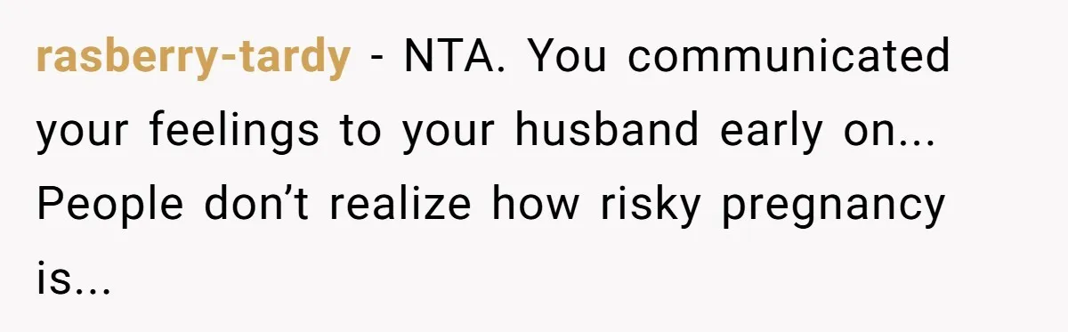 rasberry-tardy - NTA. You communicated your feelings to your husband early on... People don’t realize how risky pregnancy is...