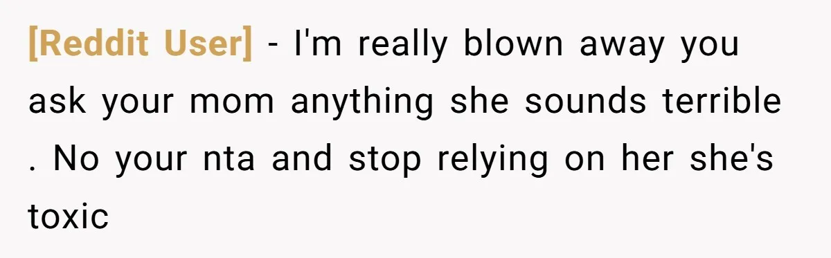 [Reddit User] - I'm really blown away you ask your mom anything she sounds terrible . No your nta and stop relying on her she's toxic