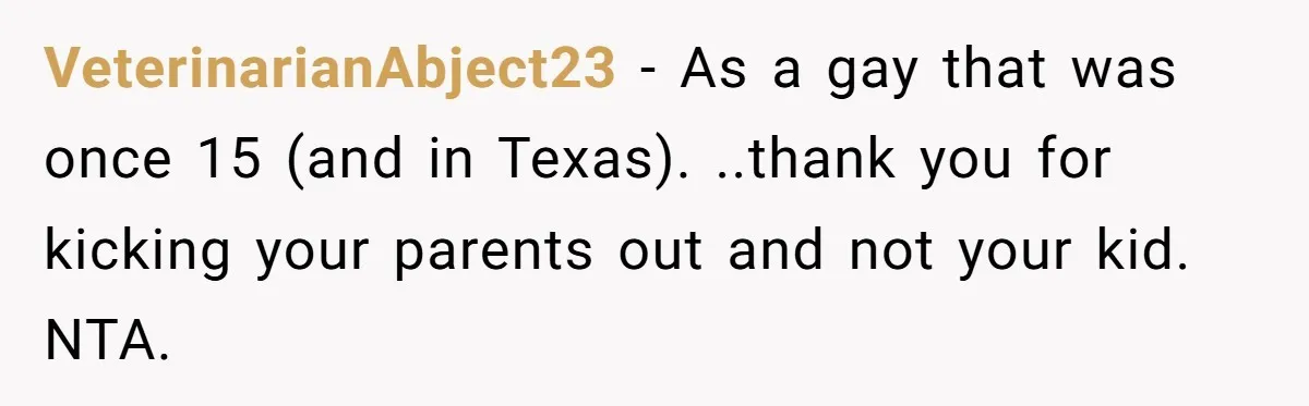 VeterinarianAbject23 − As a gay that was once 15 (and in Texas). ..thank you for kicking your parents out and not your kid. NTA.