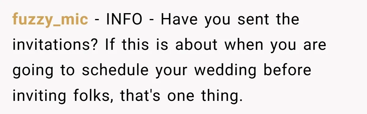 fuzzy_mic − INFO - Have you sent the invitations? If this is about when you are going to schedule your wedding before inviting folks, that's one thing.