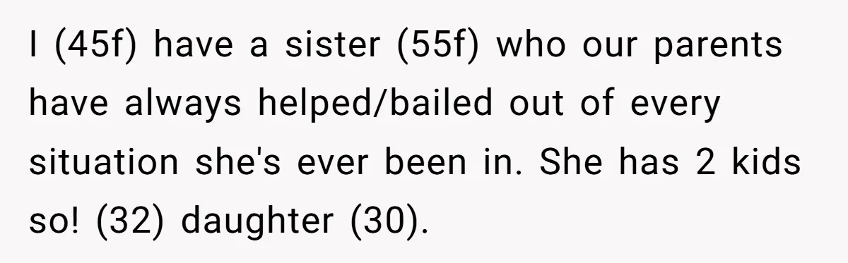 I (45f) have a sister (55f) who our parents have always helped/bailed out of every situation she's ever been in. She has 2 kids so! (32) daughter (30).
