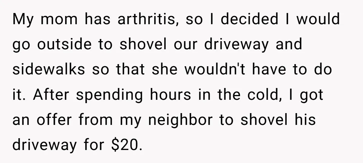 My mom has arthritis, so I decided I would go outside to shovel our driveway and sidewalks so that she wouldn't have to do it. After spending hours in the...