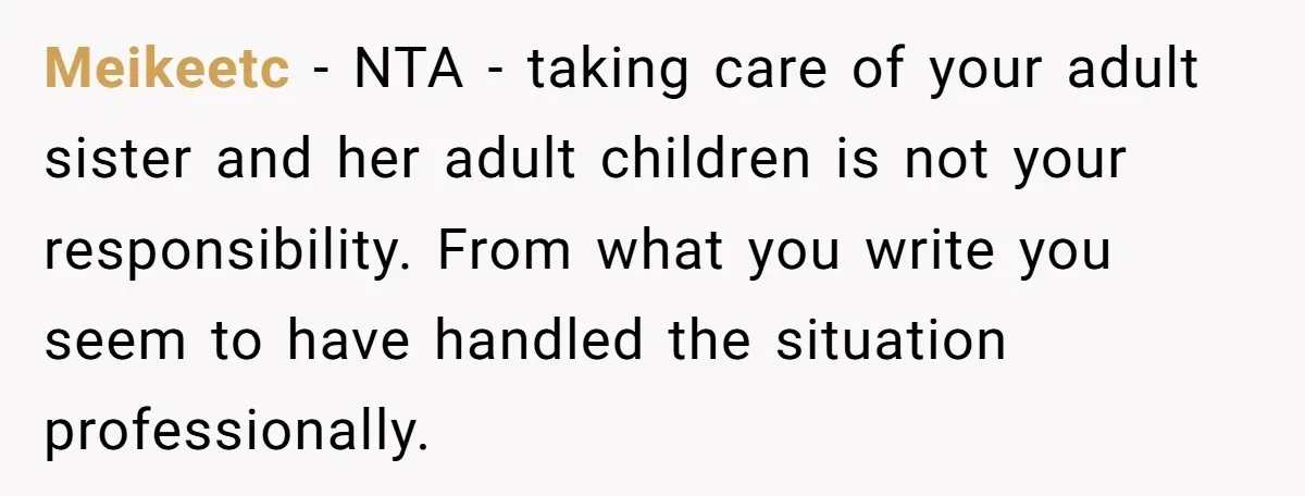 Meikeetc − NTA - taking care of your adult sister and her adult children is not your responsibility. From what you write you seem to have handled the situation professionally.