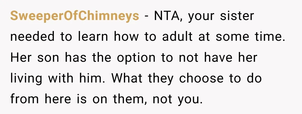 SweeperOfChimneys − NTA, your sister needed to learn how to adult at some time. Her son has the option to not have her living with him. What they choose to...