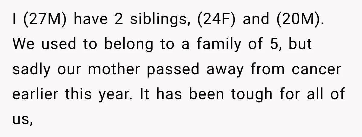 I (27M) have 2 siblings, (24F) and (20M). We used to belong to a family of 5, but sadly our mother passed away from cancer earlier this year. It has...