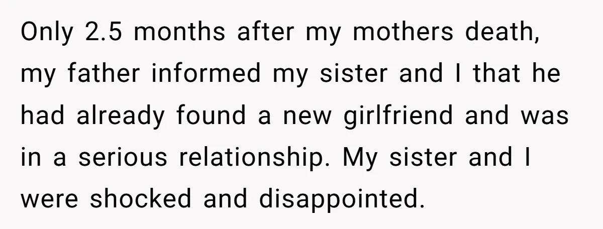 Only 2.5 months after my mothers death, my father informed my sister and I that he had already found a new girlfriend and was in a serious relationship. My sister...