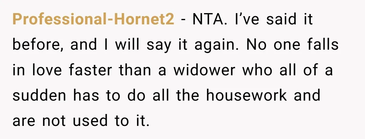 Professional-Hornet2 − NTA. I’ve said it before, and I will say it again. No one falls in love faster than a widower who all of a sudden has to do...