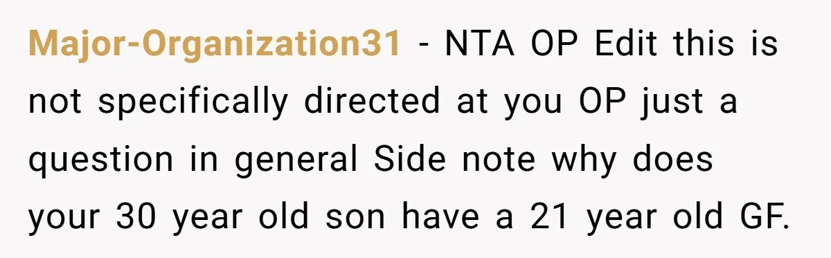 Major-Organization31 − NTA OP Edit this is not specifically directed at you OP just a question in general Side note why does your 30 year old son have a 21...