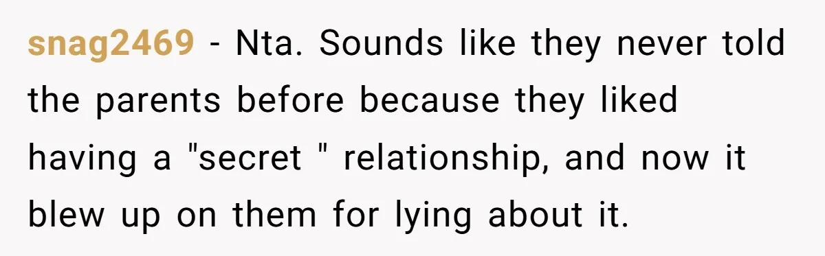 snag2469 − Nta. Sounds like they never told the parents before because they liked having a "secret " relationship, and now it blew up on them for lying about it.