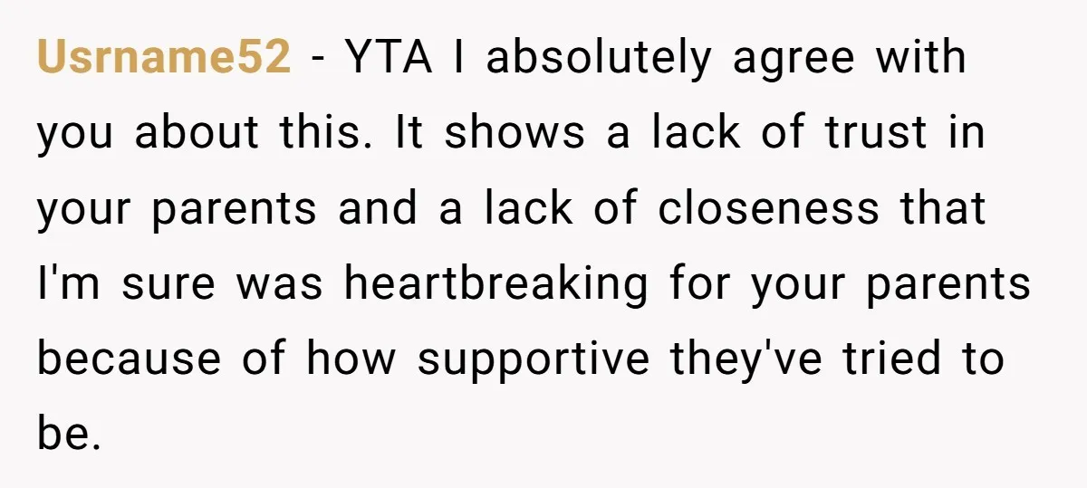 Usrname52 − YTA I absolutely agree with you about this. It shows a lack of trust in your parents and a lack of closeness that I'm sure was heartbreaking for...