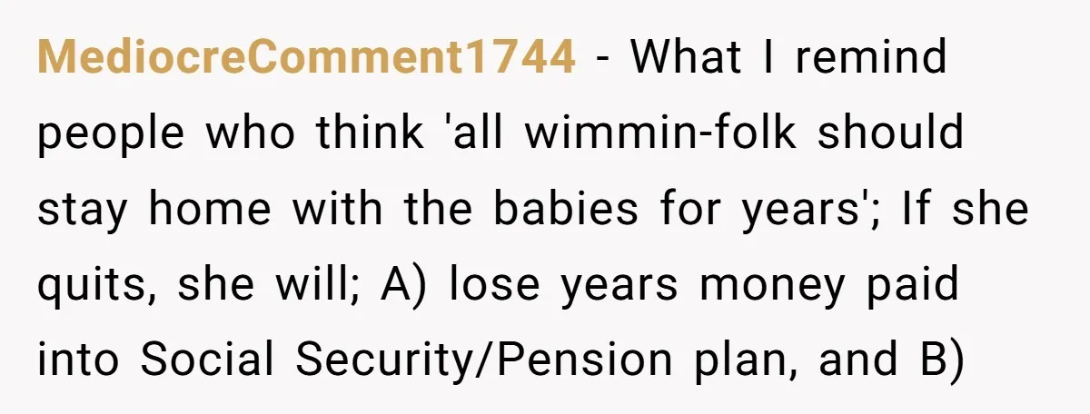 MediocreComment1744 − What I remind people who think 'all wimmin-folk should stay home with the babies for years'; If she quits, she will; A) lose years money paid into Social...