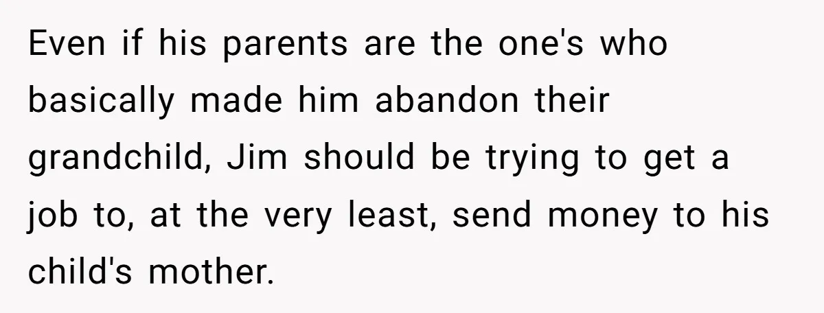 Even if his parents are the one's who basically made him abandon their grandchild, Jim should be trying to get a job to, at the very least, send money to...