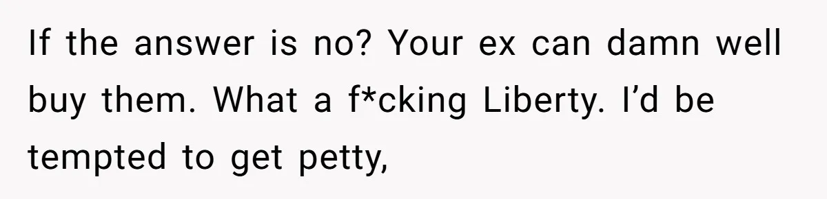 If the answer is no? Your ex can damn well buy them. What a f*cking Liberty. I’d be tempted to get petty,