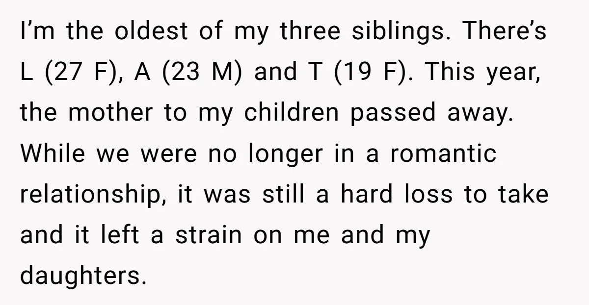 I’m the oldest of my three siblings. There’s L (27 F), A (23 M) and T (19 F). This year, the mother to my children passed away. While we were...
