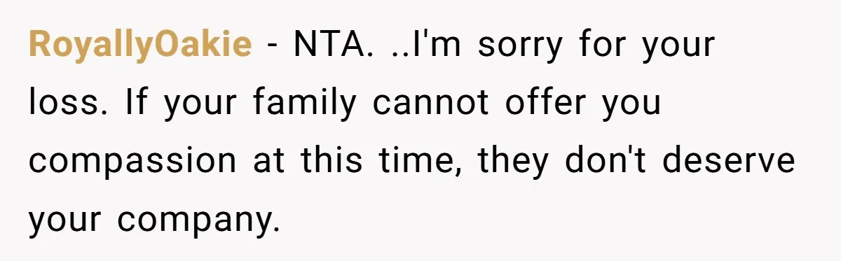 RoyallyOakie − NTA. ..I'm sorry for your loss. If your family cannot offer you compassion at this time, they don't deserve your company.