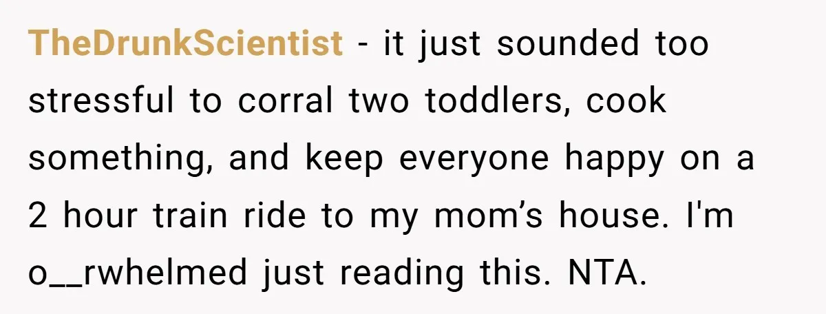 TheDrunkScientist − it just sounded too stressful to corral two toddlers, cook something, and keep everyone happy on a 2 hour train ride to my mom’s house. I'm o__rwhelmed just...