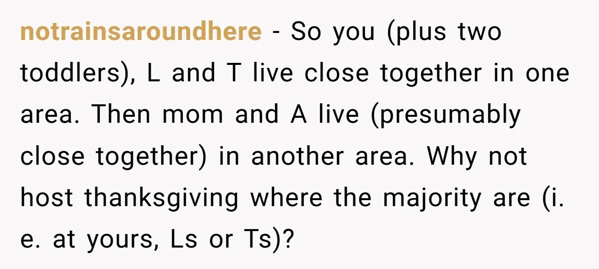 notrainsaroundhere − So you (plus two toddlers), L and T live close together in one area. Then mom and A live (presumably close together) in another area. Why not host...