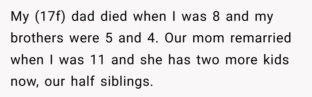 My (17f) dad died when I was 8 and my brothers were 5 and 4. Our mom remarried when I was 11 and she has two more kids now, our...