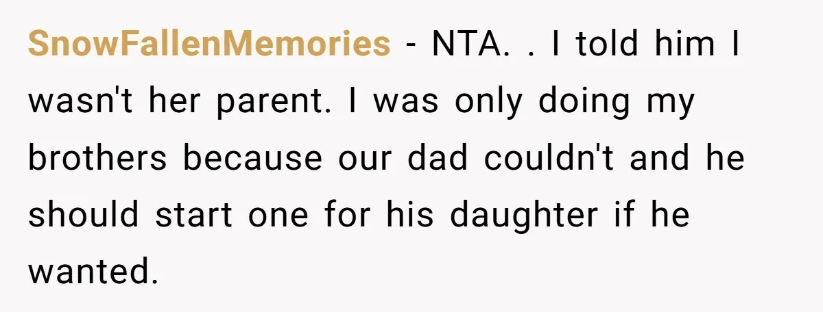 SnowFallenMemories − NTA. . I told him I wasn't her parent. I was only doing my brothers because our dad couldn't and he should start one for his daughter if...