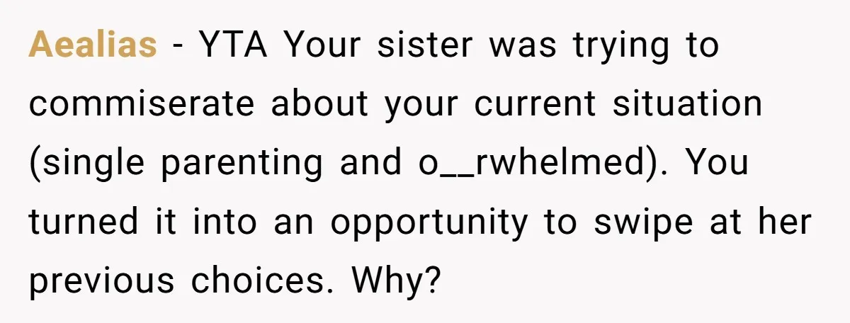 Aealias − YTA Your sister was trying to commiserate about your current situation (single parenting and o__rwhelmed). You turned it into an opportunity to swipe at her previous choices. Why?