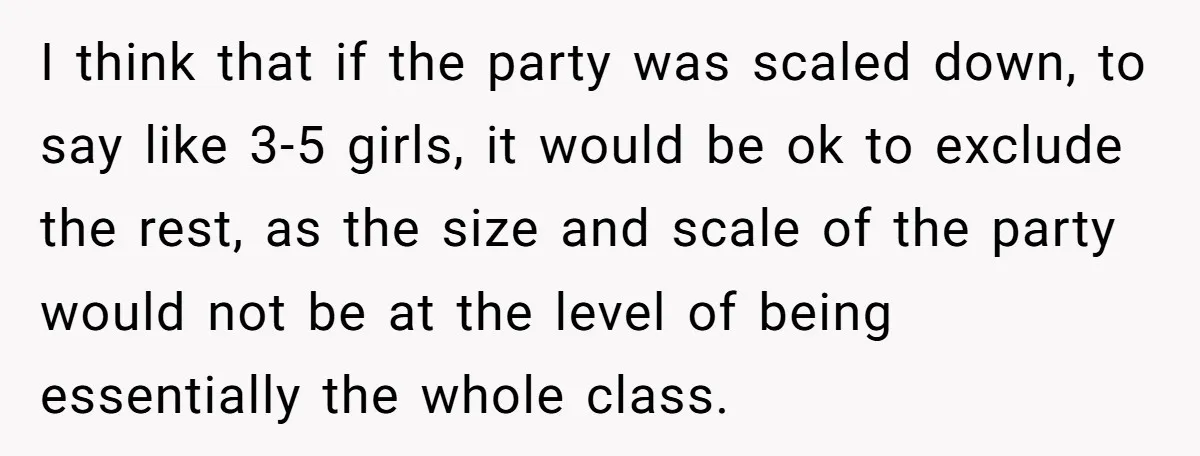 I think that if the party was scaled down, to say like 3-5 girls, it would be ok to exclude the rest, as the size and scale of the party...