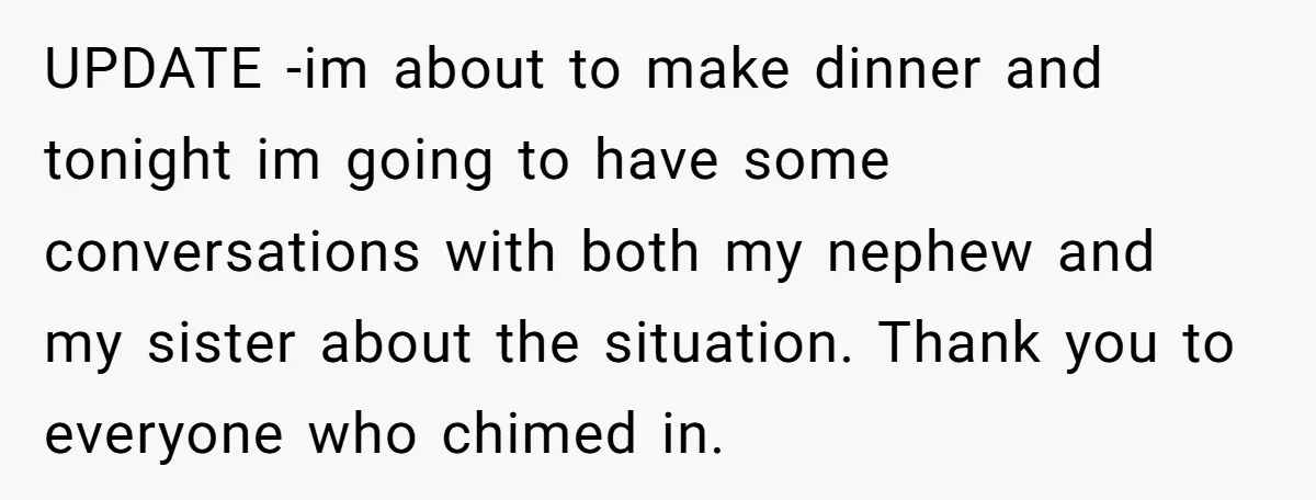UPDATE -im about to make dinner and tonight im going to have some conversations with both my nephew and my sister about the situation. Thank you to everyone who chimed...