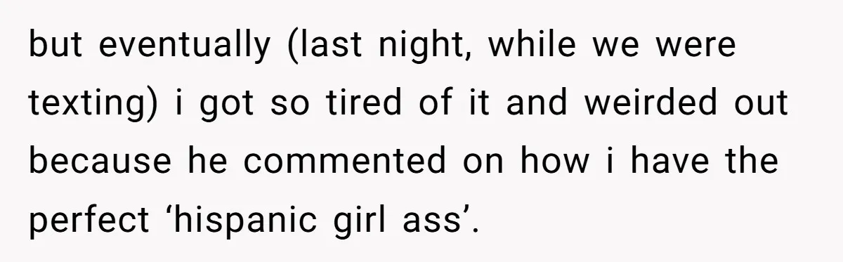 but eventually (last night, while we were texting) i got so tired of it and weirded out because he commented on how i have the perfect ‘hispanic girl ass’.