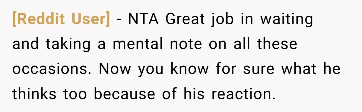 [Reddit User] − NTA Great job in waiting and taking a mental note on all these occasions. Now you know for sure what he thinks too because of his reaction.