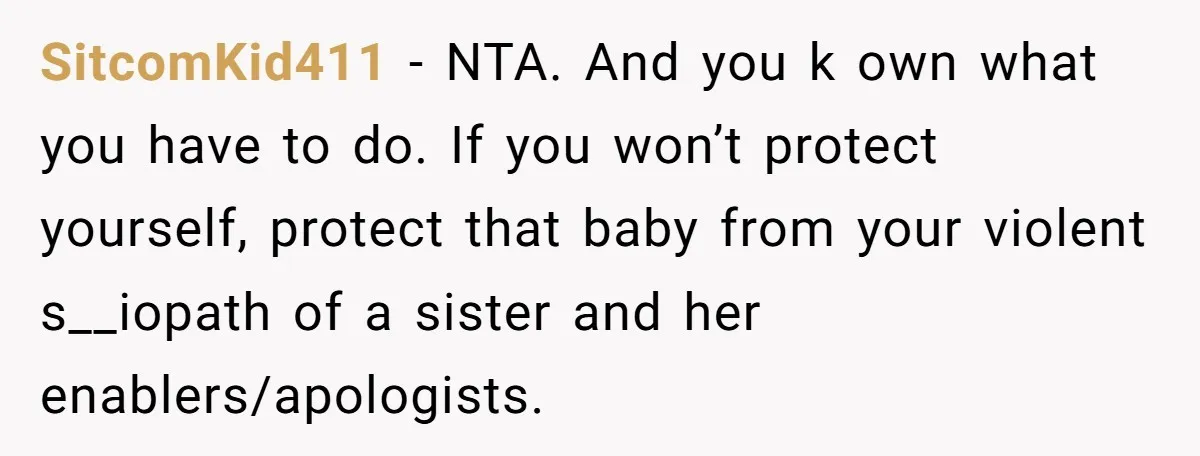 SitcomKid411 − NTA. And you k own what you have to do. If you won’t protect yourself, protect that baby from your violent s__iopath of a sister and her enablers/apologists.