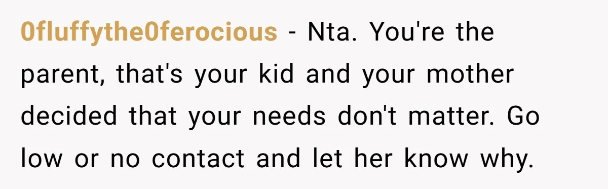 0fluffythe0ferocious − Nta. You're the parent, that's your kid and your mother decided that your needs don't matter. Go low or no contact and let her know why.