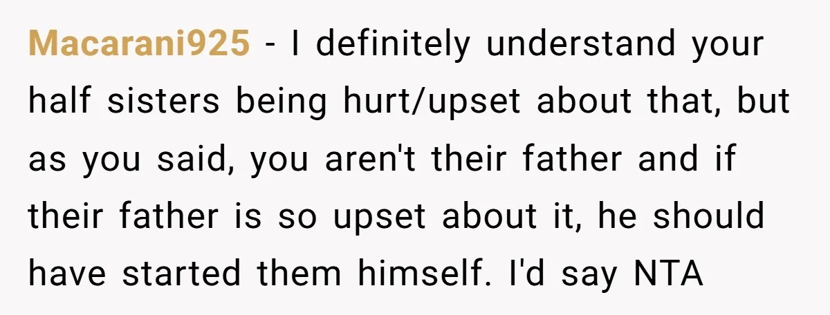 Macarani925 − I definitely understand your half sisters being hurt/upset about that, but as you said, you aren't their father and if their father is so upset about it, he...