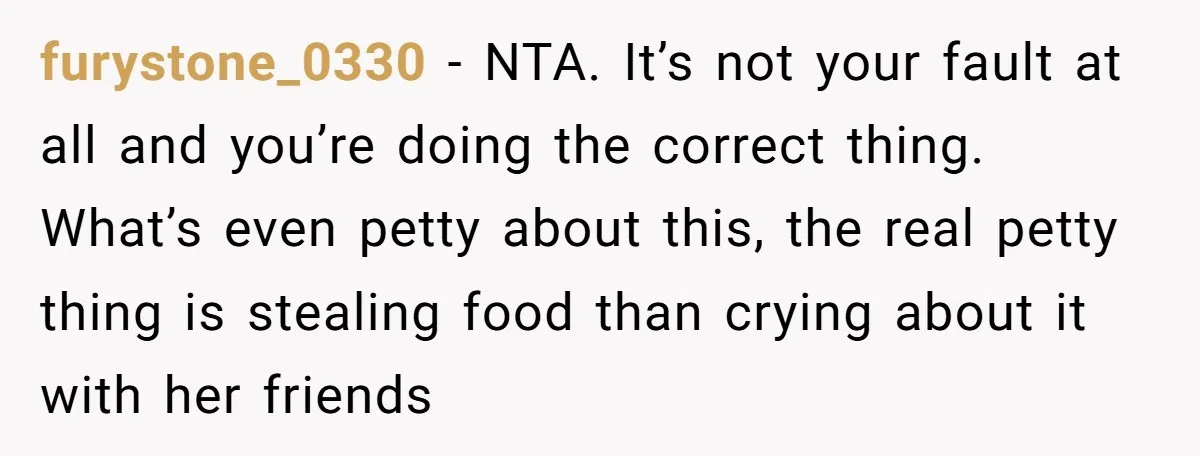 furystone_0330 − NTA. It’s not your fault at all and you’re doing the correct thing. What’s even petty about this, the real petty thing is stealing food than crying about...
