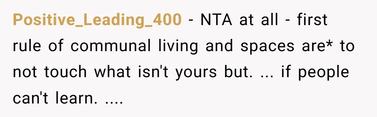Positive_Leading_400 − NTA at all - first rule of communal living and spaces are* to not touch what isn't yours but. ... if people can't learn. ....