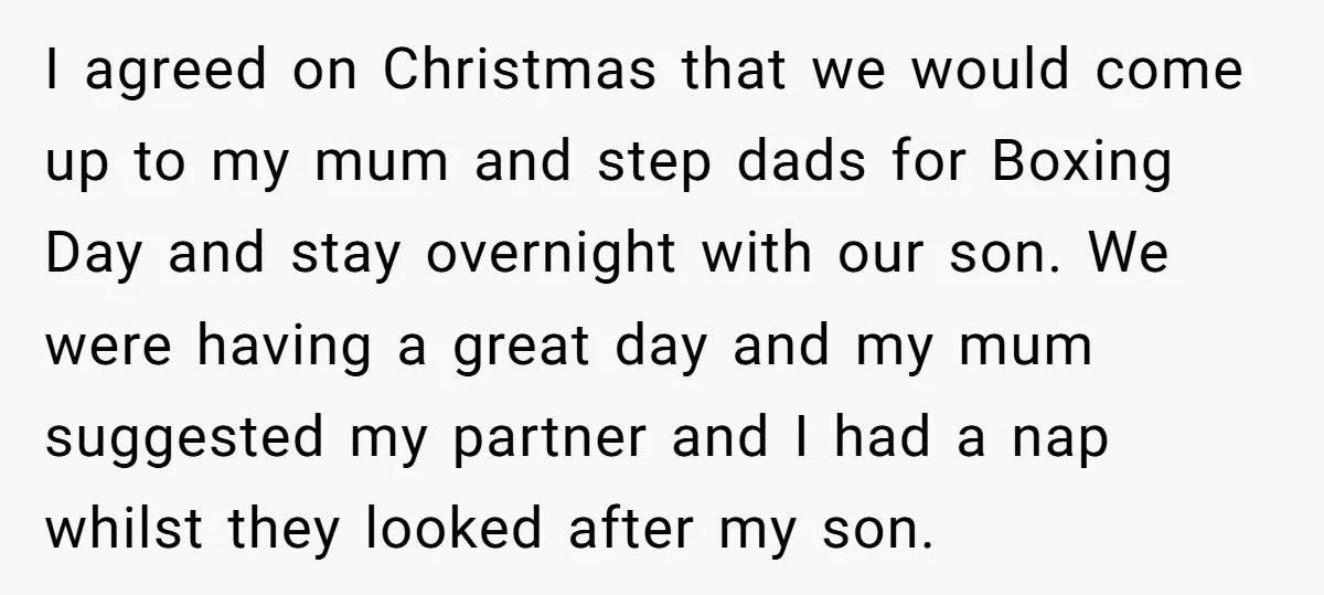 I agreed on Christmas that we would come up to my mum and step dads for Boxing Day and stay overnight with our son. We were having a great day...
