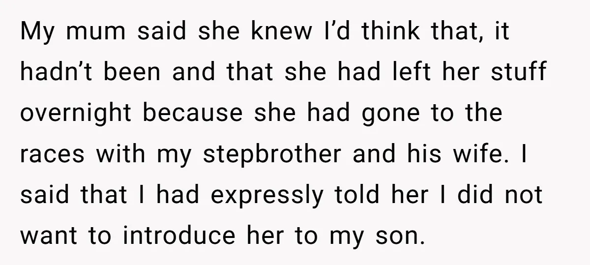 My mum said she knew I’d think that, it hadn’t been and that she had left her stuff overnight because she had gone to the races with my stepbrother and...