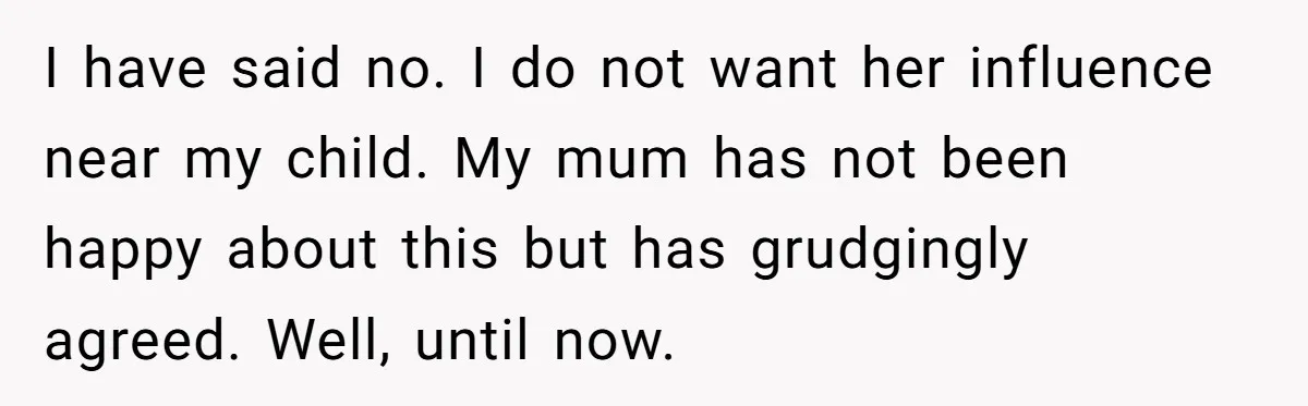 I have said no. I do not want her influence near my child. My mum has not been happy about this but has grudgingly agreed. Well, until now.