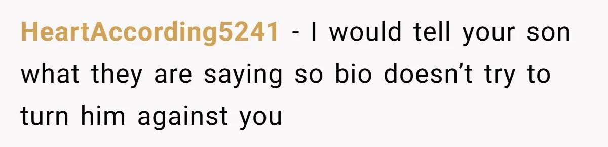 HeartAccording5241 − I would tell your son what they are saying so bio doesn’t try to turn him against you
