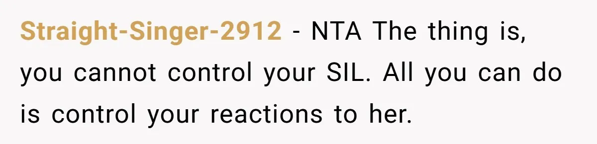 Straight-Singer-2912 − NTA The thing is, you cannot control your SIL. All you can do is control your reactions to her.