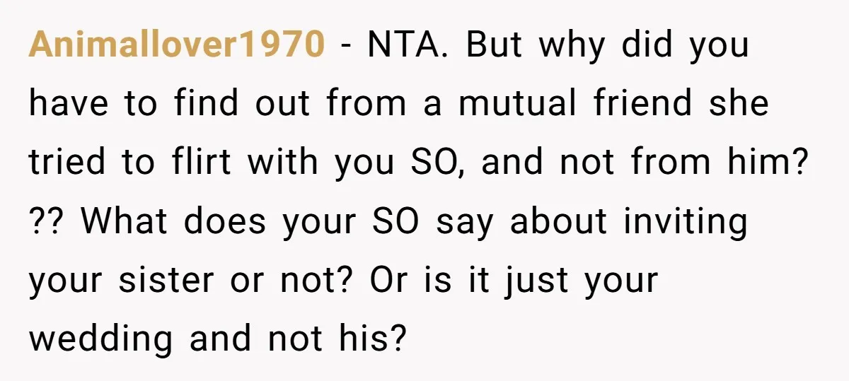 Animallover1970 − NTA. But why did you have to find out from a mutual friend she tried to flirt with you SO, and not from him? ?? What does your...