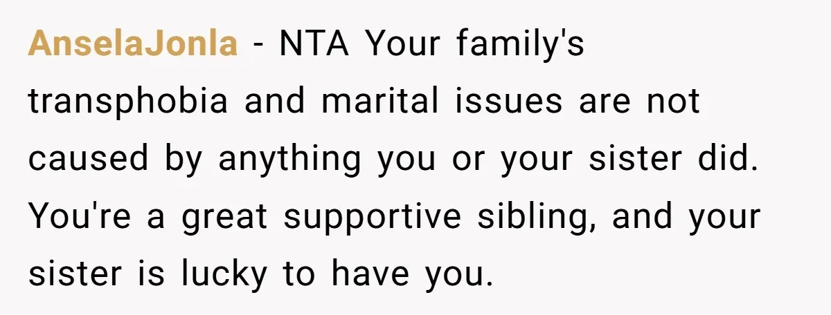 AnselaJonla − NTA Your family's transphobia and marital issues are not caused by anything you or your sister did. You're a great supportive sibling, and your sister is lucky to...